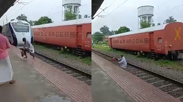 தண்டவாளத்தை கடக்க முயன்ற முதியவர்.. சட்டென்று வந்து நின்ற வந்தே பாரத் இரயில்.. திக் திக் VIDEO!