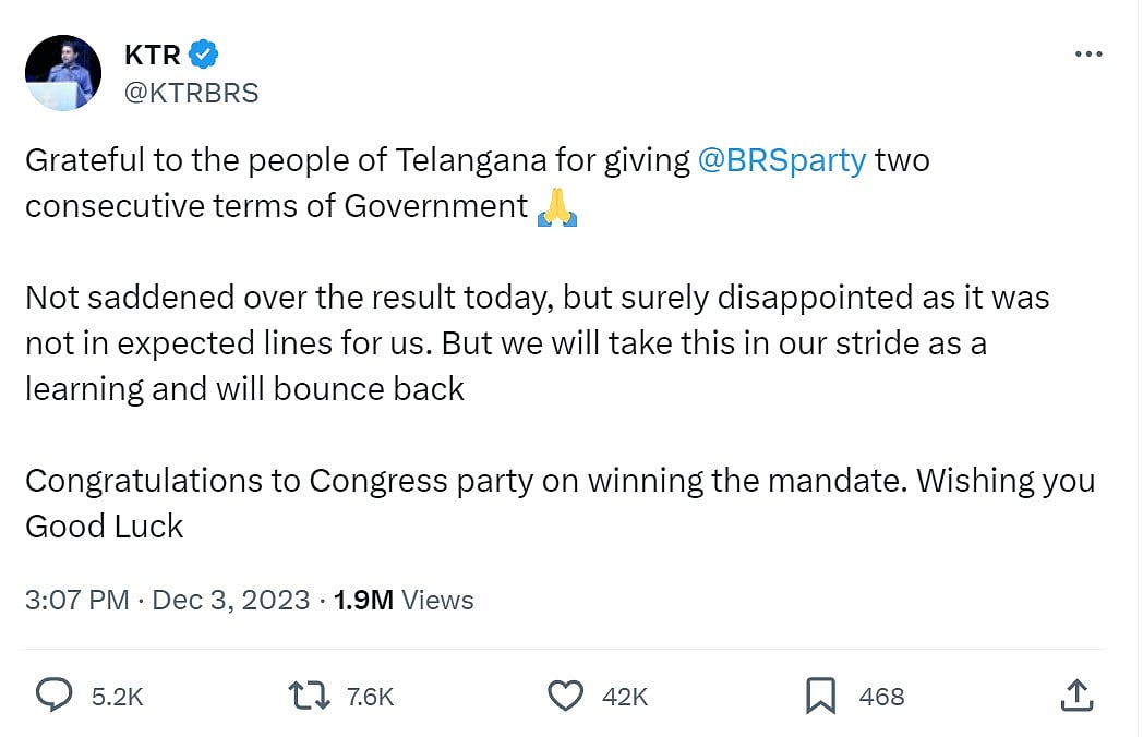 தெலங்கானா தேர்தல் : “ஏமாற்றம் அளித்துள்ளது” : தோல்வியை ஏற்றுக்கொண்ட BRS.. KTR பதிவால் தொண்டர்கள் சோகம் !
