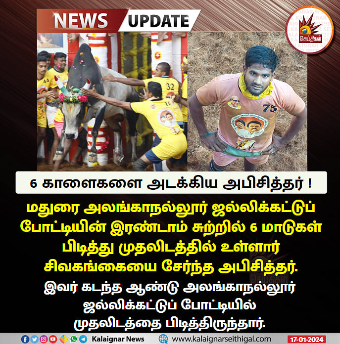 அலங்காநல்லூர் ஜல்லிக்கட்டுப் போட்டி : 6 காளைகளை அடக்கி முதலிடத்தில் இளம்வீரர் !
