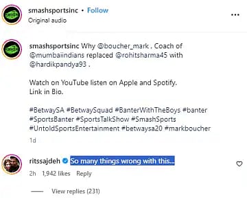 "பல விசயங்கள் தவறாக இருக்கிறது" - ரோஹித் சர்மா மனைவியின் கருத்தால் மும்பை அணியை விமர்சிக்கும் ரசிகர்கள் !