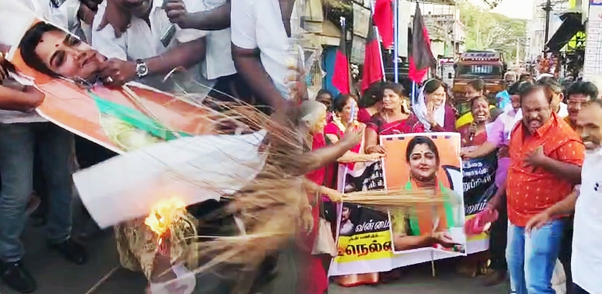 குஷ்பூவுக்கு எதிராக கொந்தளிக்கும் பெண்கள்.. செருப்பால் அடித்தும், எரித்தும் மக்கள் எதிர்ப்பு !