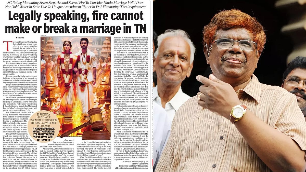 சுயமரியாதைத் திருமண சட்டம்:  உச்சநீதிமன்ற தீர்ப்பு தமிழ்நாட்டுக்கு பொருந்தாது- முன்னாள் நீதிபதி சந்துரு!