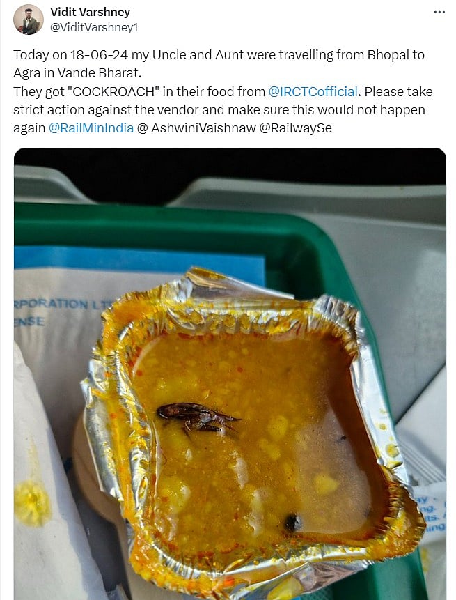 தொடரும் இரயில்வே துறையின் அலட்சியம்... வந்தே பாரத் இரயிலின் உணவில் கரப்பான்பூச்சி : பயணிகள் அதிர்ச்சி!