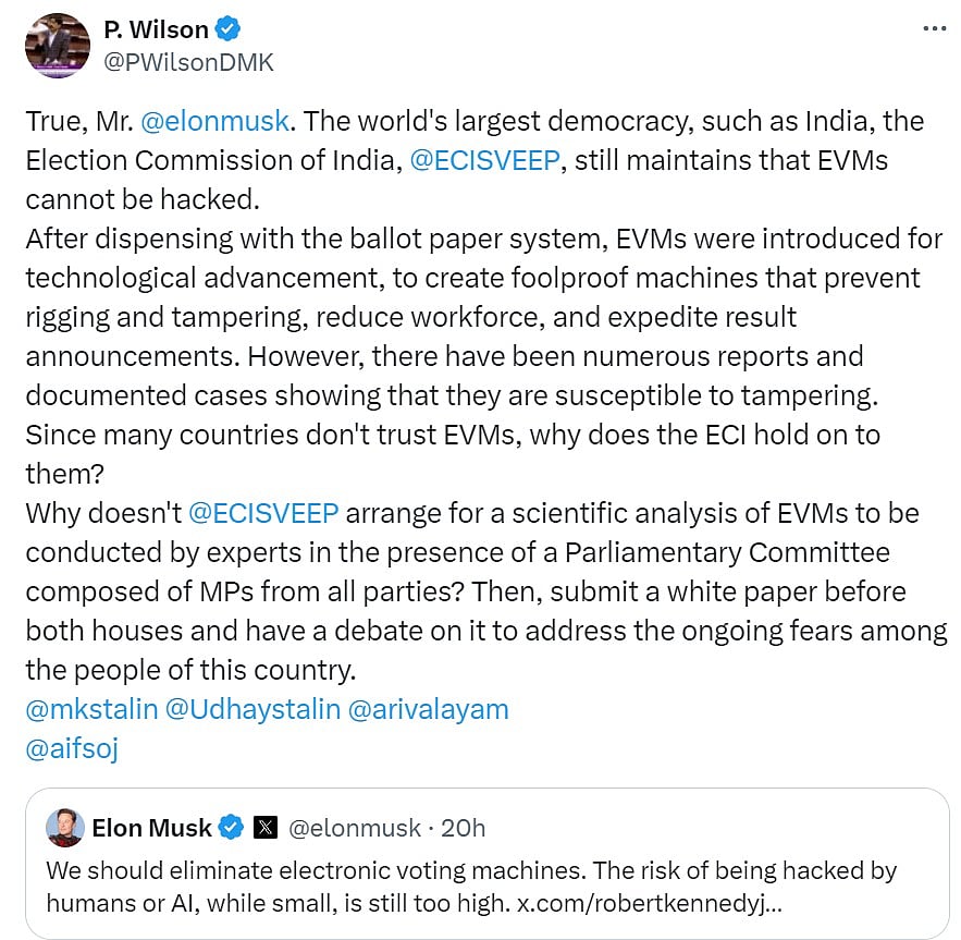 “EVM குறித்து ஆய்வு செய்து விவாதம் நடத்த வேண்டும்...” - திமுக எம்.பி. வில்சன் வலியுறுத்தல்!