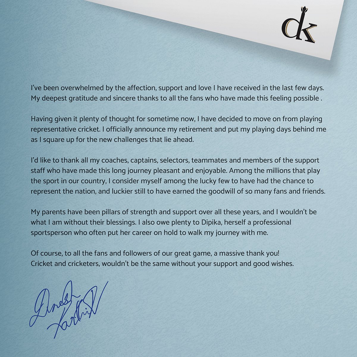 அனைத்து விதமான கிரிக்கெட் போட்டிகளில் இருந்தும் ஓய்வு - தினேஷ் கார்த்திக் அறிவிப்பு !