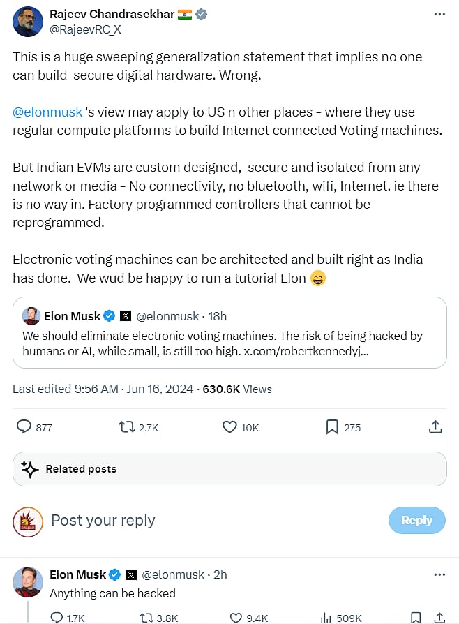 EVM விவகாரம் : “எதையும் ஹேக் செய்ய முடியும்...” - முன்னாள் ஒன்றிய அமைச்சருக்கு எலான் மஸ்க் பதிலடி !