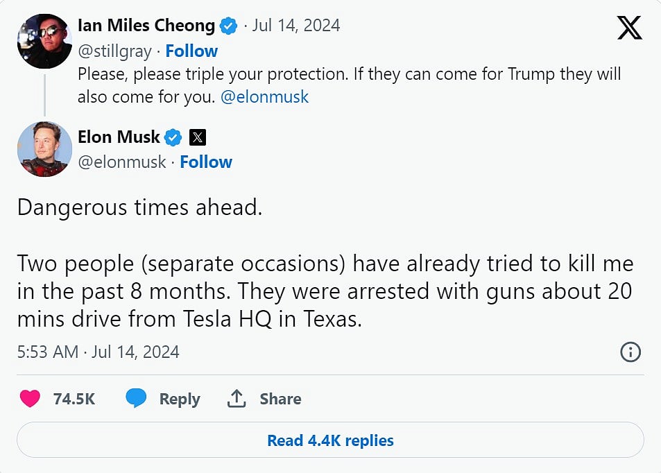 ட்ரம்ப் சுடப்பட்ட விவகாரம் : “என்னையும் 2 முறை கொலை செய்ய முயன்றார்கள்” - எலான் மஸ்க் பகீர் !