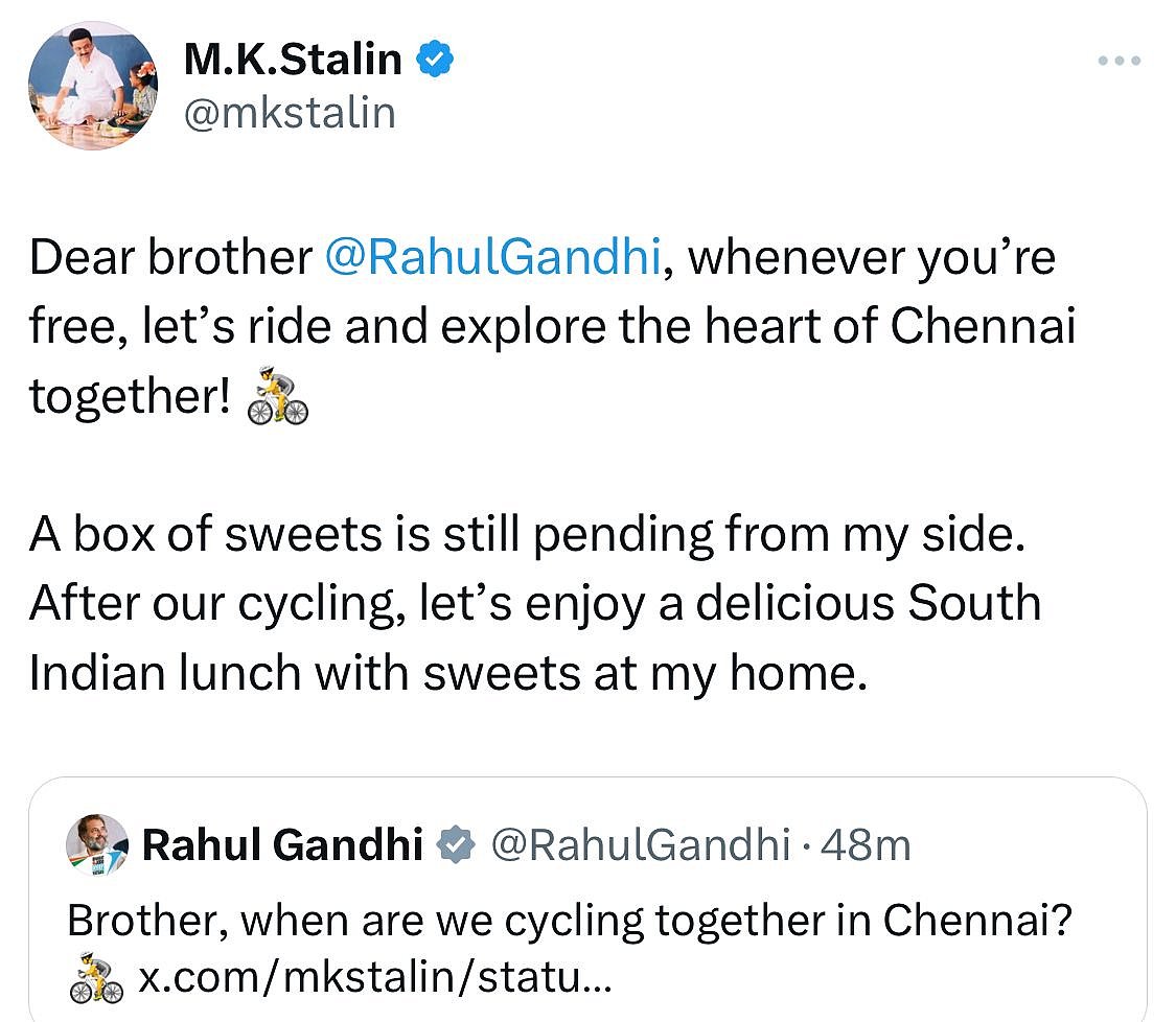 "சகோதரரே, நாம் எப்பொழுது ஒன்றாக சைக்கிள் ஓட்டப்போகிறோம்?" - ராகுல் கேள்விக்கு முதலமைச்சரின் பதில் என்ன ?