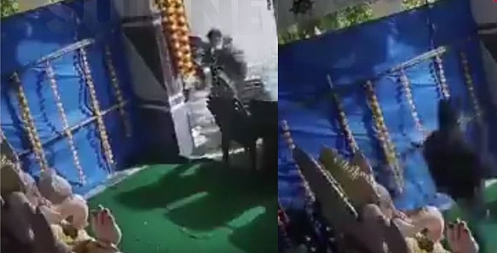 விநாயகர் சதுர்த்தி : சிலையின் கையில் இருந்த பெரிய லட்டுவை திருடிய மர்ம நபர்... சிசிடிவி காட்சி வைரல் !