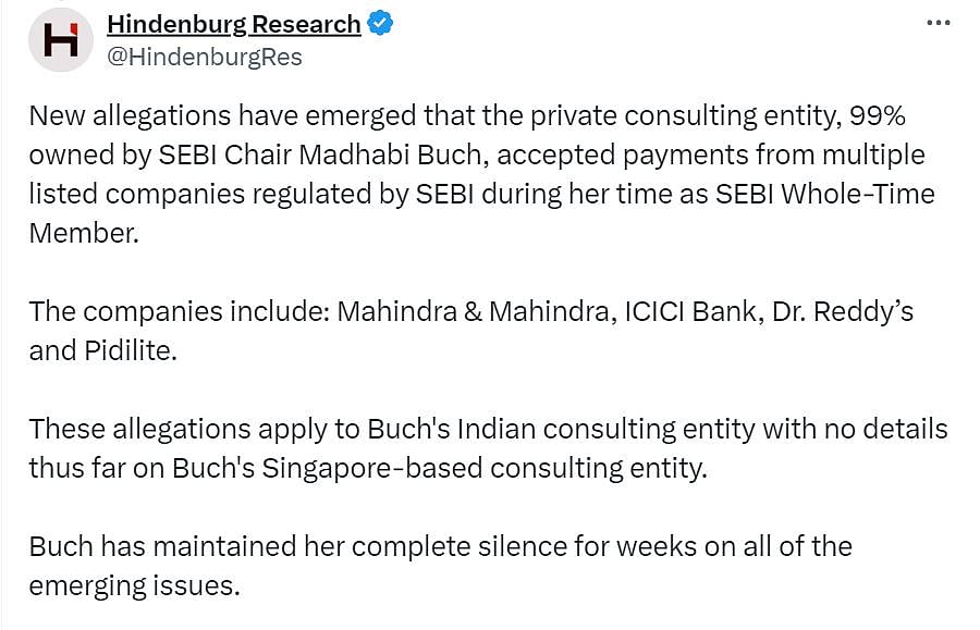 செபி தலைவர் மீது Hindenburg மீண்டும் குற்றச்சாட்டு!: பதில் அளிக்காமல் அலட்சியமாக இருக்கிறாரா மாதவி புச்? 