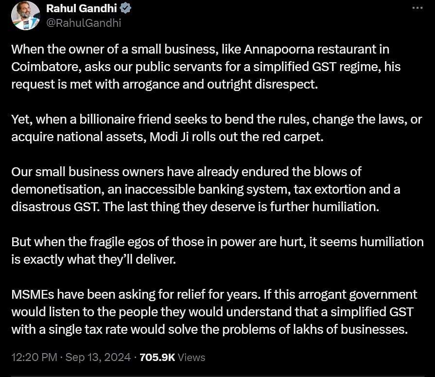 அன்னப்பூர்ணா விவகாரம் : “ஆணவம்... அவமரியாதை...” - நிர்மலா சீதாராமனுக்கு ராகுல் கண்டனம்!