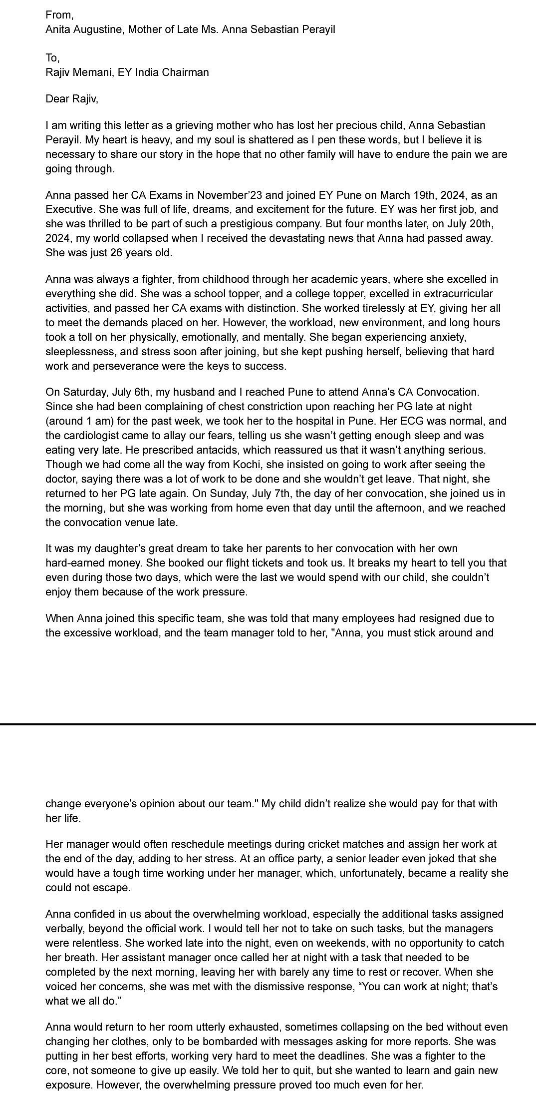 பணியில் சேர்ந்த 4 மாதத்திலேயே இளம்பெண்ணுக்கு நேர்ந்த சோகம்.. EY நிறுவனத்துக்கு தாய் உருக்கமான கடிதம் !