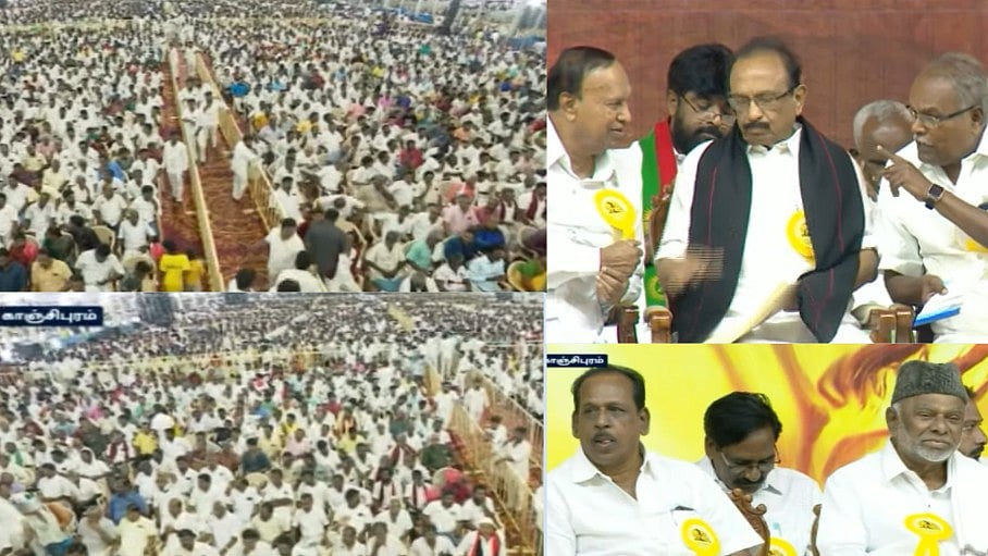 காஞ்சிபுரத்தில் தி.மு.க பவள விழா பொதுக்கூட்டம் தொடங்கியது : கூட்டணிக் கட்சி தலைவர்கள் பங்கேற்பு!