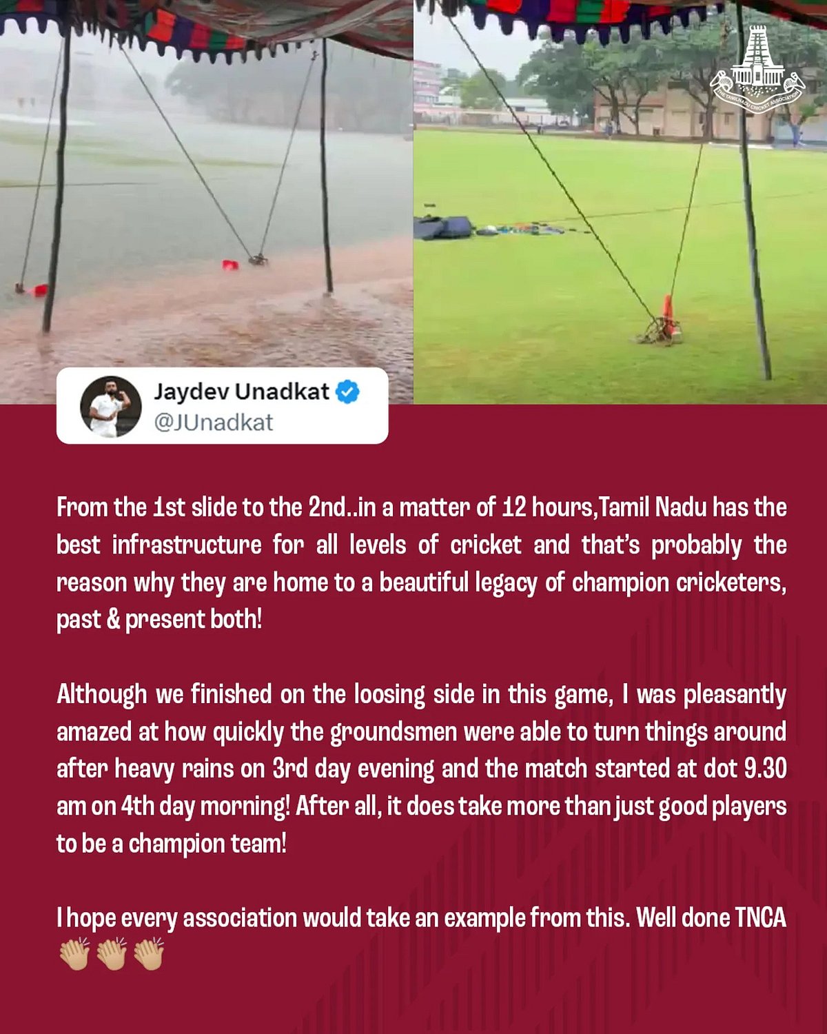 வெள்ளக்காடான மைதானம்... 12 மணி நேரத்தில் தொடங்கிய போட்டி - தமிழ்நாட்டை பாராட்டிய இந்திய வீரர் !