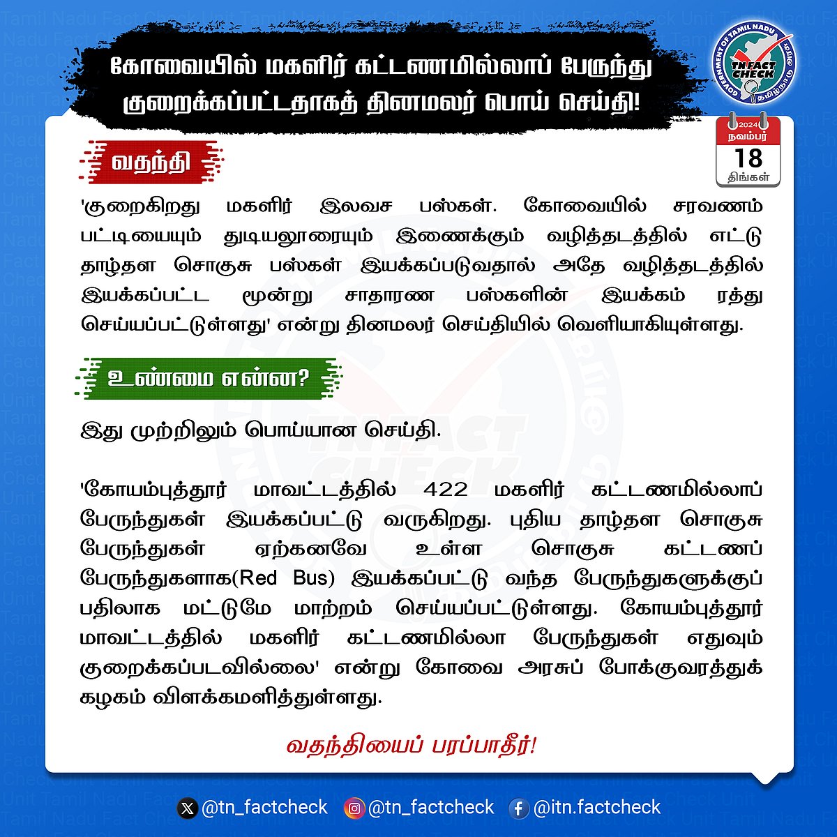 கோவையில் மகளிர் கட்டணமில்லாப் பேருந்துகள் குறைக்கப்பட்டதாக வதந்தி : அம்பலமான தினமலரின் பொய் செய்தி ! 