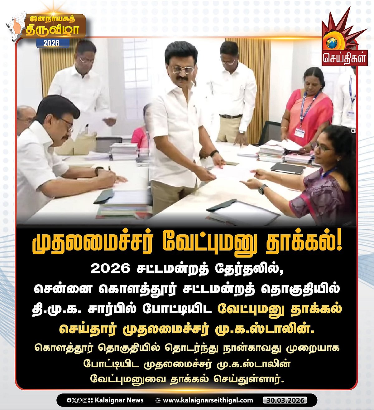 17வது சட்டப்பேரவை தேர்தல்.. தொடர்ந்து 4வது முறை கொளத்தூரில் போட்டி - வேட்புமனு தாக்கல் செய்த முதலமைச்சர்!
