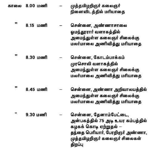 முத்தமிழறிஞர் கலைஞர் 103 : கழகத் தலைவர் மு.க.ஸ்டாலின் பங்கேற்கும் நிகழ்ச்சிகள் பட்டியல் உள்ளே!