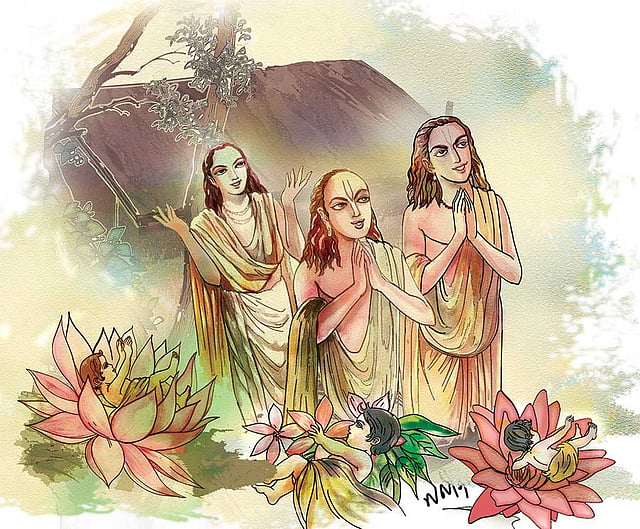 முதல் மூன்று ஆழ்வார்கள் – பொய்கையாழ்வார், பூதத்தாழ்வார், பேயாழ்வார். ஒருவர் படுக்கலாம், இருவர் இருக்கலாம், மூவர் நிற்கலாம்!