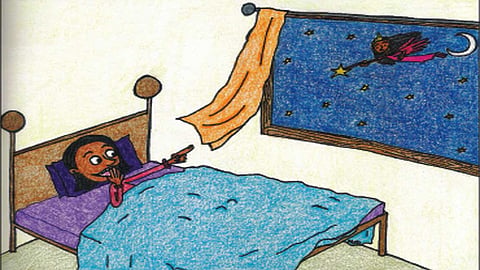 an angel flying in the night time and a man lying on the bed