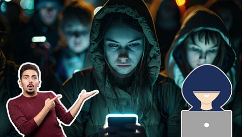 A girl seeing her mobile and hacker