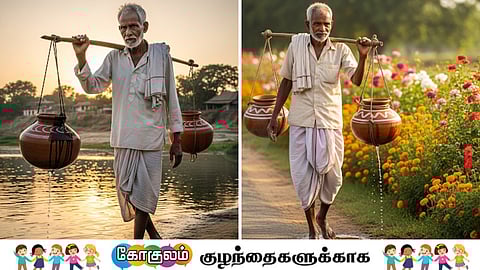 Old man carrying pots to fetch water