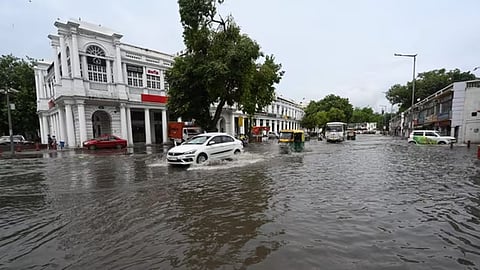 Water logging after heavy rain in Connaught Place in New Delhi on Tuesday.