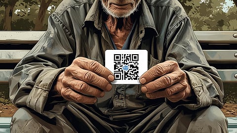 elderly man begging with a QR code card