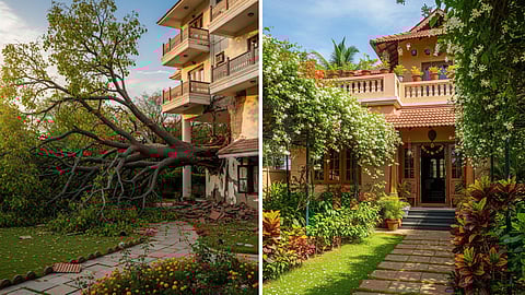 Fallen tree and the home garden 