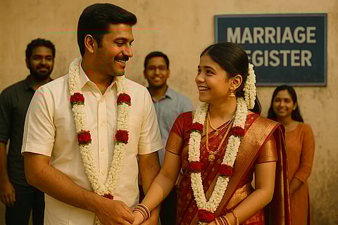 couple with garlands register marriage