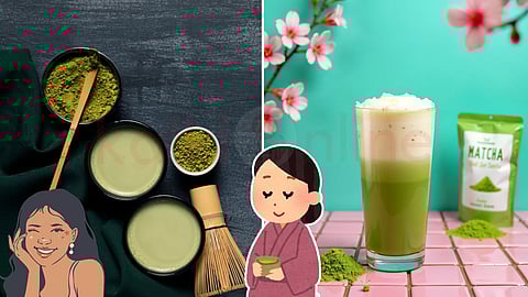 matcha powder, face pack and smoothie for skincare
