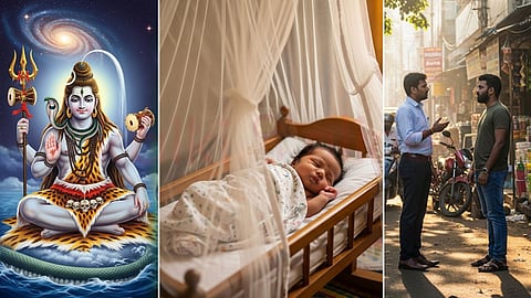 lord shiva and the girl child is sleeping and two men are speaking seriously