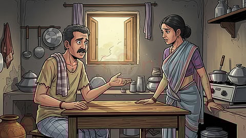 man talking to his wife in the kitchen in his house