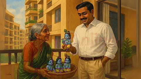 Grandma selling krishna idol