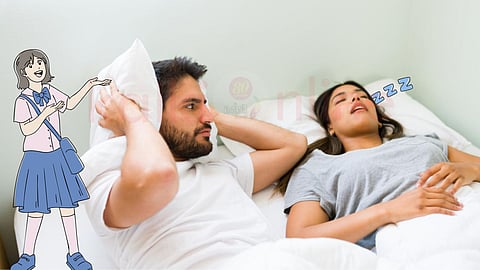 woman snoring while sleeping and man disturbed