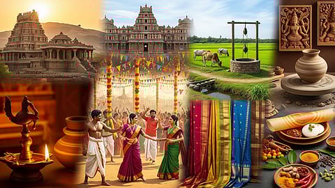 temple, field, pot, light, festival, saree, food