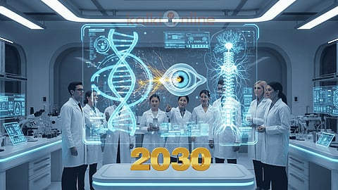 A team of scientists in a futuristic lab looks at a holographic screen displaying a DNA helix,