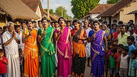 men dressed as women sing and cry into a mic & A crowd of people around them