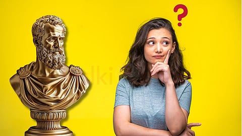 Socrates statue and a girl thinking and questioning 