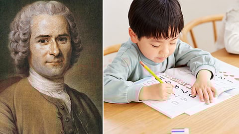 Jean-Jacques Rousseau and a child studying