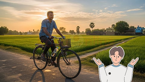Man cycling along a road in the middle of a field