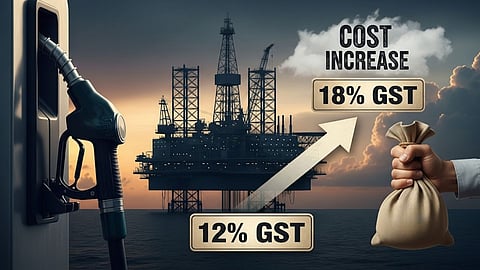 An oil rig and gas pump with a sign indicating a GST increase from 12% to 18%