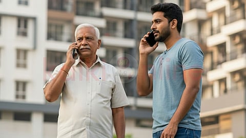 Father and son talking on the Mobile
