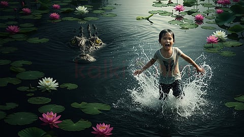 a boy run away from crocodile