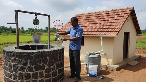 Person pouring chlorine solution into well near house, with bucket and bag nearby.
