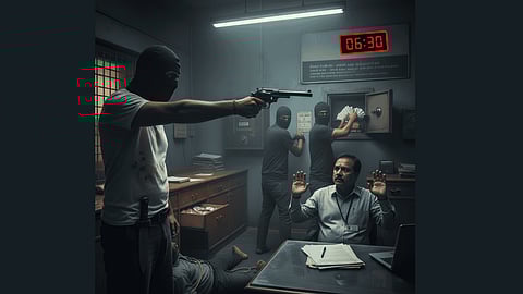 சித்தரிப்பு :  masked robbers with guns threatening bank staff during heist at 6:30 PM.