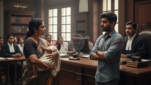 Man and Woman with baby in the court