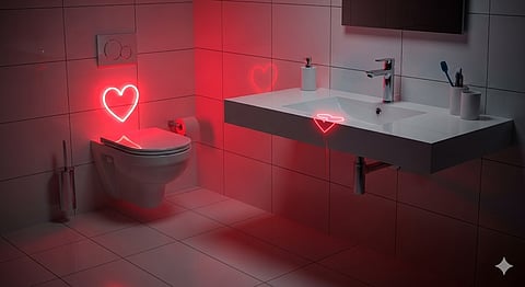 A modern bathroom lit by red neon heart symbols near the toilet.