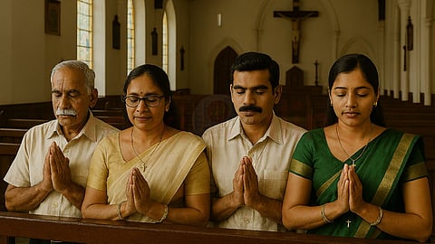 Family praying in church