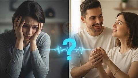 a woman sitting sad and A man trying to make a woman laugh