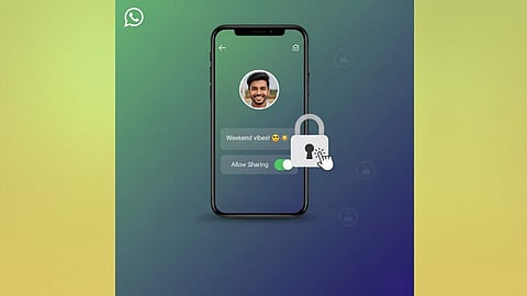 Smartphone showing WhatsApp status privacy settings with a lock icon.
